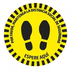 ETIQUETA ADHESIVA REDONDA DE SEÑALIZACION PARA SUELOS - DISTANCIA DE SEGURIDAD