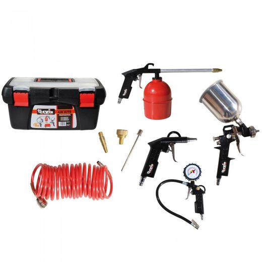 KIT AEROGRAFICO PARA COMPRESOR. 8 PIEZAS: PISTOLA DE PINTAR, DE PETROLEAR, SOPLADOR, INFLADOR, ESPIRAL 5 MT. Y 3 BOQUILL