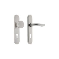 Juego de manilla sena con pomo fijo de placa larga con bocallave 72 mm. Inox 304. Cuadradillo 9 mm.