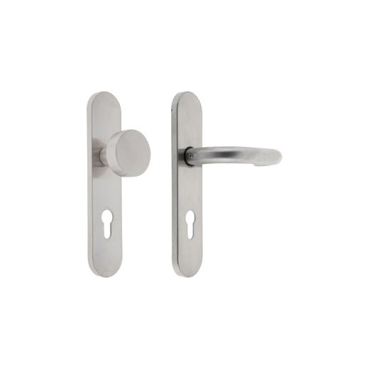 Juego de manilla sena con pomo fijo de placa larga con bocallave 72 mm. Inox 304. Cuadradillo 9 mm.