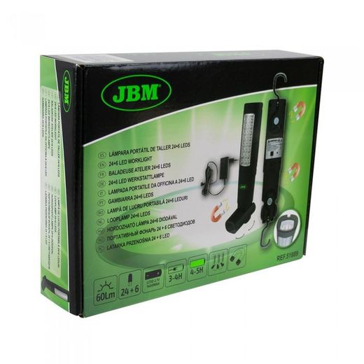 PORTATIL DE TALLER 24+6 LEDS CON BATERIA RECARGABLE / CON DOBLE IMAN, CUÑA DE APOYO Y BASE IMANTADA
