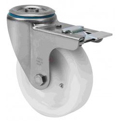 RUEDA GIRATORIA AGUJERO M12 FRENO INOX.20ZVLIFD80-FT NYLON BLANCO EXTRAF.LISO