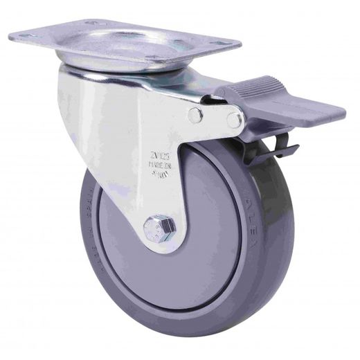 RUEDA GIRATORIA PLACA FRENO 10ZVLFD100CP-PUISB POLIP.-POLIUR.GRIS EJE BOLAS