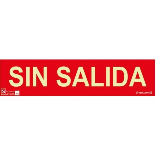 SEÑAL CLASE B FOTOLUMINISCENTE 297X105 FONDO ROJO "SIN SALIDA"