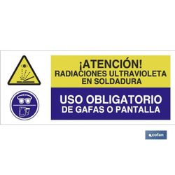 SEÑAL DE SEGURIDAD ATENNCIO RADIACIONES ULTRAVIOLETA EN SOLDADURA USO OBLIGATORIO DE GAFAS O PANTALLAS