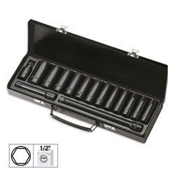 SET DE 15 PIEZAS DE IMPACTO CON 12 VASOS LARGOS DE 1/2" HEXAGONALES + ADAPTADORES